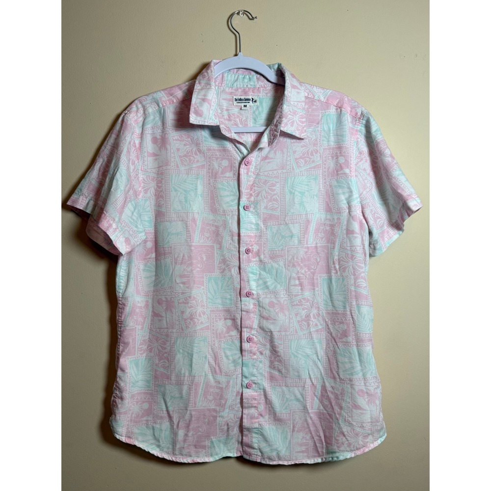 The Endless Summer Mens Pink Mint Tropical Stamp Print Hawaiian Shirt Medium